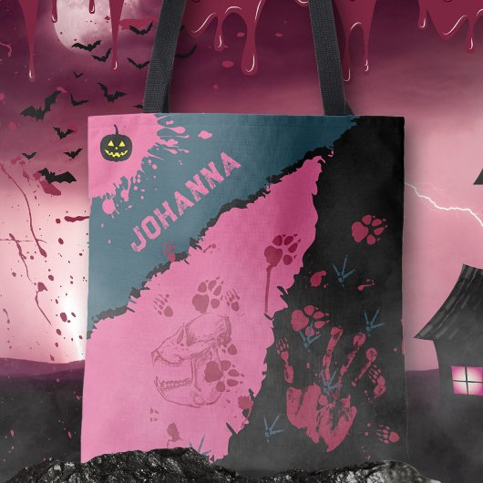 Roze & Zwarte Spooky Paw Prints Canvas tas