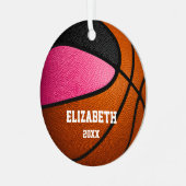 roze zwarte sportmeisjes herdenken basketbal metalen ornament (Voorkant links)