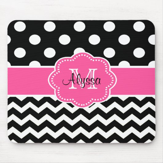 Roze zwarte Stippen Chevron Persoonlijk Mousepad Muismat (Voorkant)