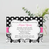 Roze zwarte Stippen Damask Invitation Kaart (Staand voorkant)