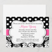 Roze zwarte Stippen Damask Invitation Kaart (Voorkant / Achterkant)