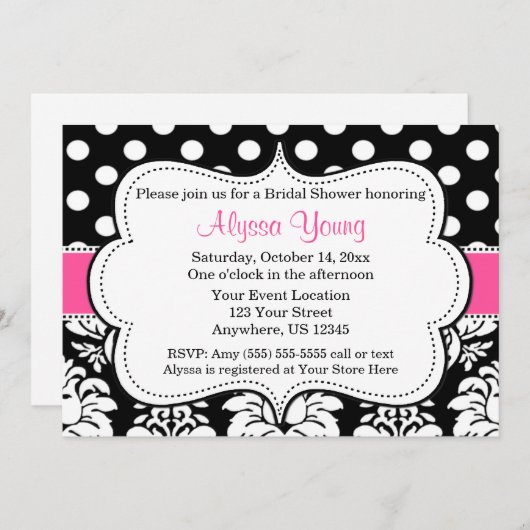 Roze zwarte Stippen Damask Invitation Kaart (Voorkant / Achterkant)