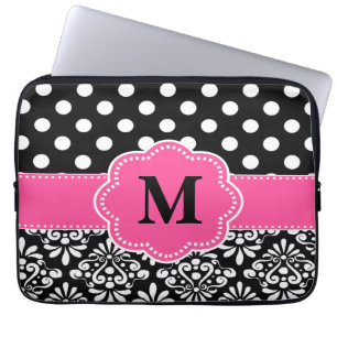 Roze zwarte Stippen Damask Monogram laptophoes Laptop Sleeve