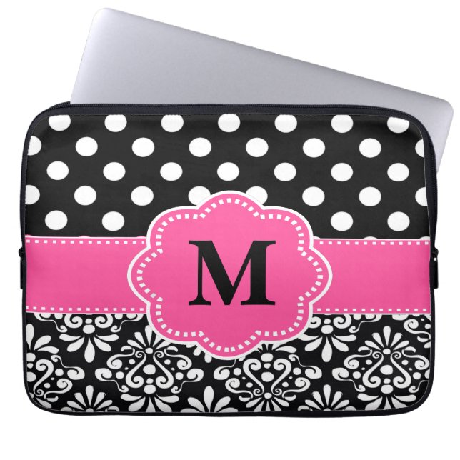 Roze zwarte Stippen Damask Monogram laptophoes Laptop Sleeve (Voorkant)