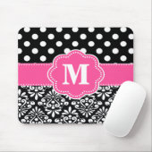 Roze zwarte Stippen Damask Monogram Muismat. Muismat (Met muis)
