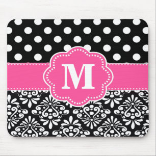 Roze zwarte Stippen Damask Monogram Muismat. Muismat