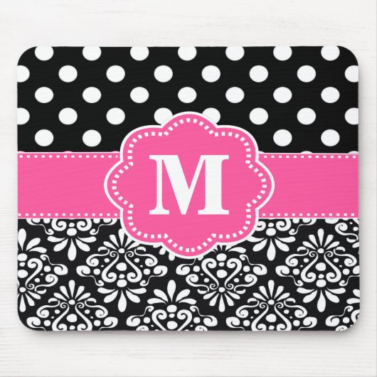 Roze zwarte Stippen Damask Monogram Muismat. Muismat (Voorkant)