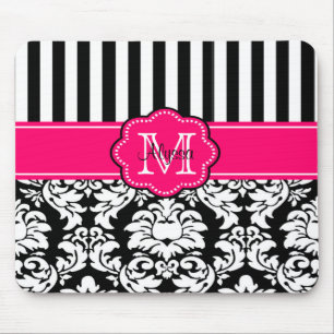 Roze zwarte Stippen Damask Personalized Mousepad Muismat