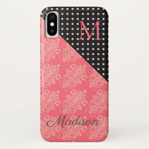 Roze zwarte Stippen Damask Trendy Girly Monogram Case-Mate iPhone Case