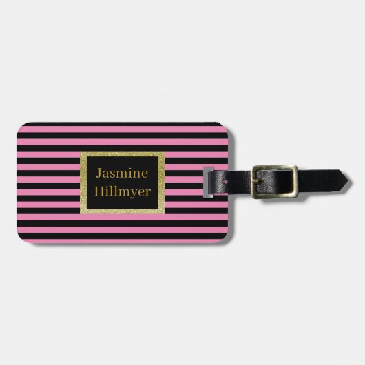 Roze zwarte streep GLITTER CUSTOM BAGAGELABEL (Voorkant horizontaal)
