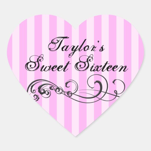 Roze & Zwarte Streep Sweet Sixteen Envelope Sticke Hart Sticker (Voorkant)