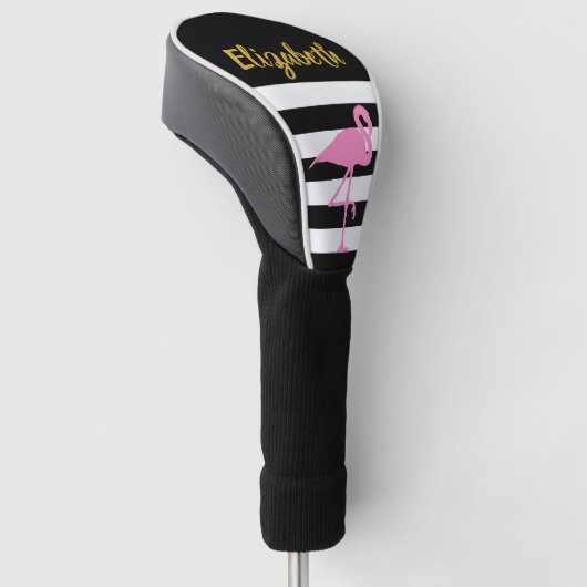 Roze zwarte streepjes in Faux Gold Script Golfheadcover (Schuin)