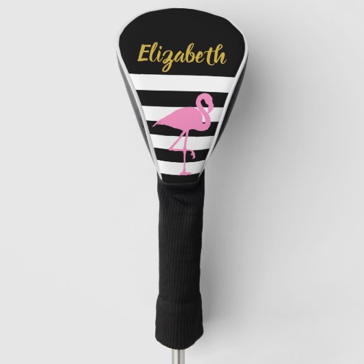 Roze zwarte streepjes in Faux Gold Script Golfheadcover (Voorkant)