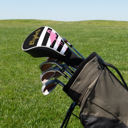 Roze zwarte streepjes in Faux Gold Script Golfheadcover (Insitu)