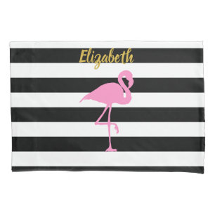 Roze zwarte streepjes in Flamingo Gold Script Kussensloop