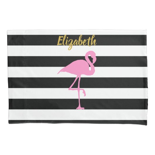 Roze zwarte streepjes in Flamingo Gold Script Kussensloop (Voorkant)