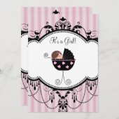 Roze Zwarte Strepen Baby Meisje Douche Uitnodiging (Voorkant / Achterkant)