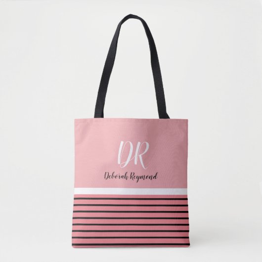 Roze & zwarte strepen met naam & initialen Leuk Tote Bag (Voorkant)