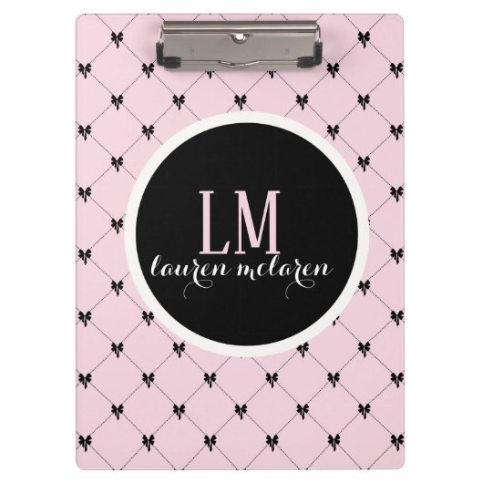 Roze & Zwarte Strik Monogram Notitieboek Klembord (Voorkant)