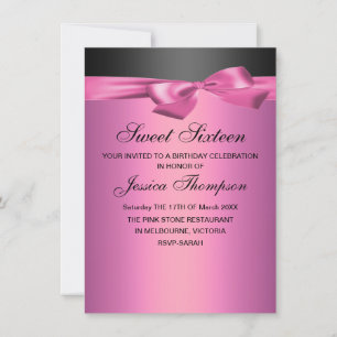 Roze & Zwarte Strik Sweet 16 Verjaardagsuitnodigin Kaart