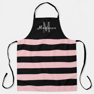 Roze zwarte Stripes Monogram Script-naam Schort