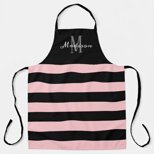 Roze zwarte stripes Monogram scriptnaam Schort (Voorkant)