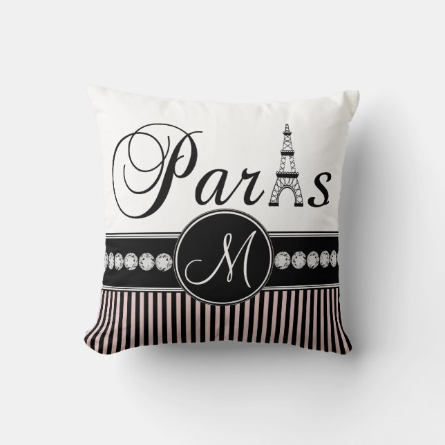 Roze zwarte stripes Paris Monogram Pillow Kussen (Voorkant)
