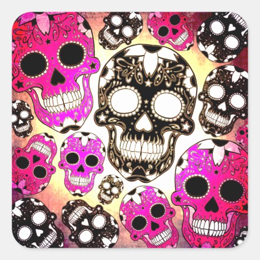 Roze zwarte suikerschedels grunge vierkante sticke vierkante sticker (Voorkant)