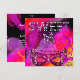 Roze Zwarte Sweet 16 Maskerade Verjaardagsfeest Kaart