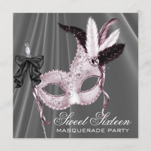 Roze Zwarte Sweet 16 Masquerade Feest Kaart