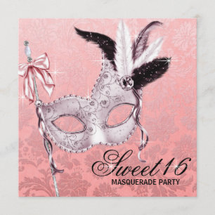 Roze Zwarte Sweet 16 Masquerade Feest Kaart