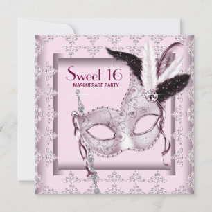 Roze Zwarte Sweet 16 Masquerade Feest Kaart