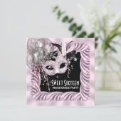 Roze Zwarte Sweet 16 Masquerade Feest Kaart (Staand voorkant)