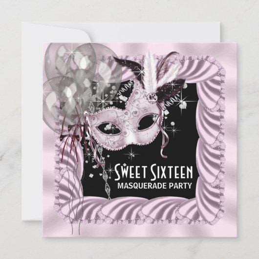 Roze Zwarte Sweet 16 Masquerade Feest Kaart (Voorkant)