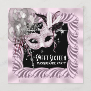 Roze Zwarte Sweet 16 Masquerade Feest Kaart