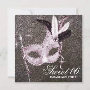 Roze Zwarte Sweet 16 Masquerade Feest Kaart