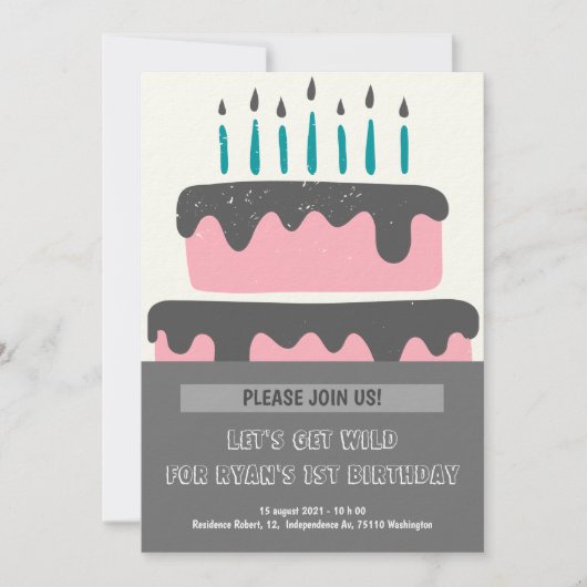 Roze & zwarte taart 1e verjaardag uitnodiging (Voorkant)