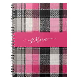 Roze zwarte tartan geruite script naam  notitieboek