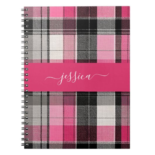 Roze zwarte tartan geruite script naam  notitieboek (Voorkant)