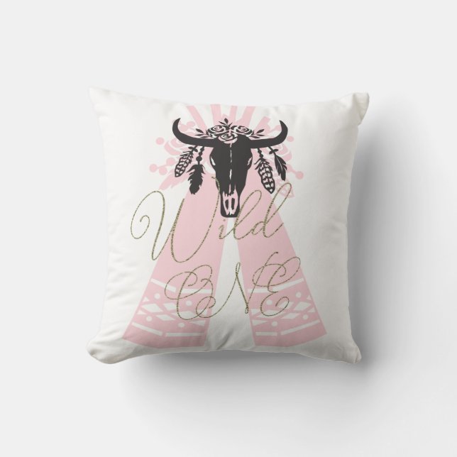 Roze & Zwarte Tepee Pijlen Boho Chic Wilde EEN Kussen (Voorkant)