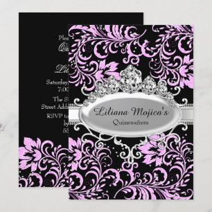 Roze Zwarte Tiara & Glitter Bloemige Quinceanera Kaart