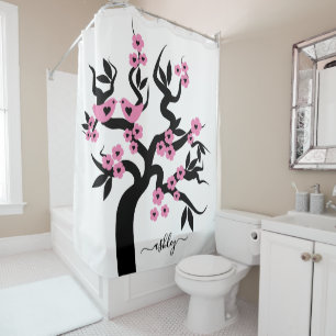 Roze zwarte Tortelduifjes sakura cherry tree, bloe Douchegordijn