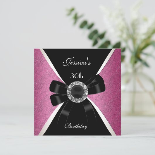 Roze zwarte uitnodiging White 30th Birthday 2 (Staand voorkant)
