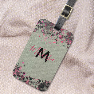 Roze zwarte verf Spletters op canvasnaam monogram Bagagelabel