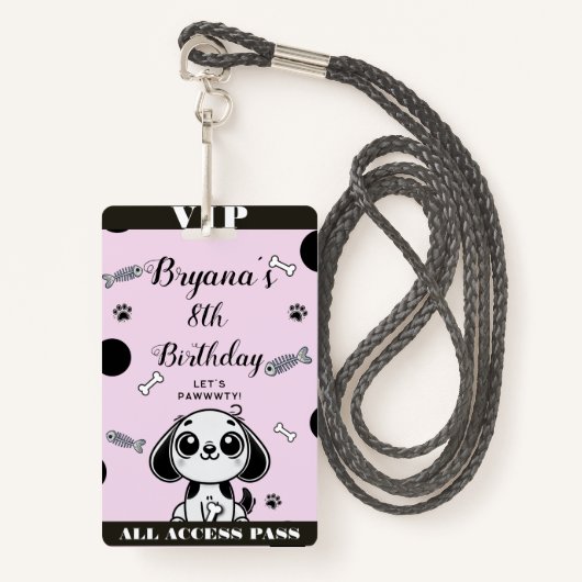 Roze Zwarte Vis Botten Puppy Dog Verjaardag VIP Pa Badge (Voorkant met draagriem)