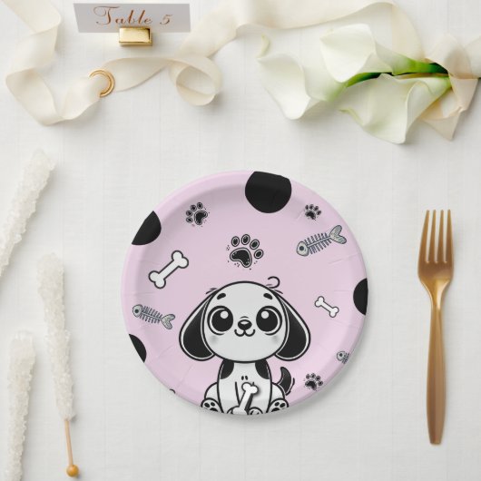 Roze & Zwarte Vis Botten Puppy Hond Verjaardagsfee Papieren Bordje (Huwelijk)