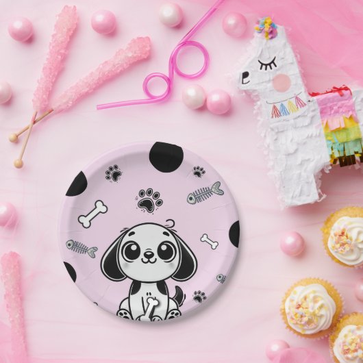 Roze & Zwarte Vis Botten Puppy Hond Verjaardagsfee Papieren Bordje (Feest)