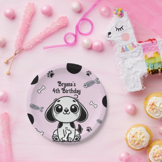 Roze & Zwarte Vis Botten Puppy Hond Verjaardagsfee Papieren Bordje (Feest)
