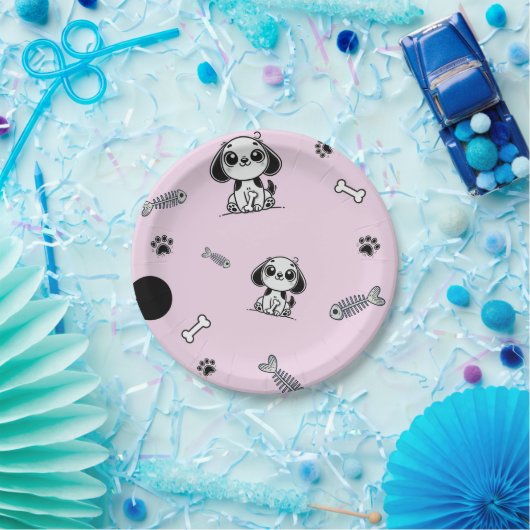 Roze & Zwarte Vis Botten Puppy Hond Verjaardagsfee Papieren Bordje (Feest)
