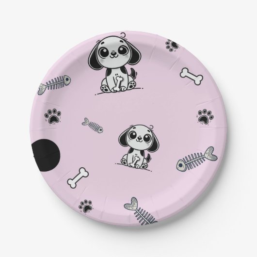 Roze & Zwarte Vis Botten Puppy Hond Verjaardagsfee Papieren Bordje (Voorkant)